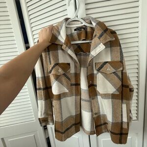 Plaid Button-Up Shacket in Camel & Cream